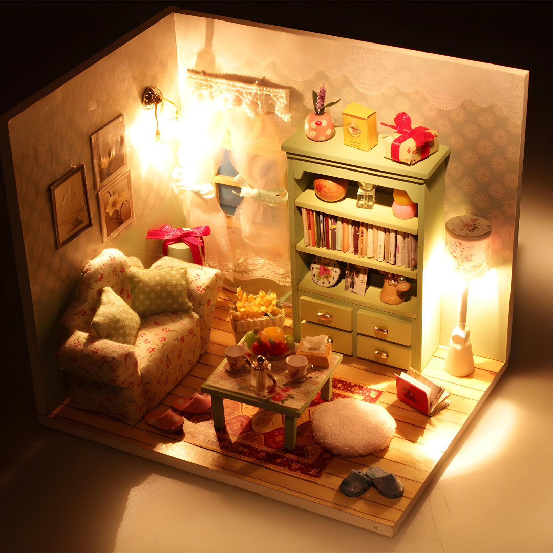 DIY Wooden Family Hall Miniature Dollhouse Kit With LED Light