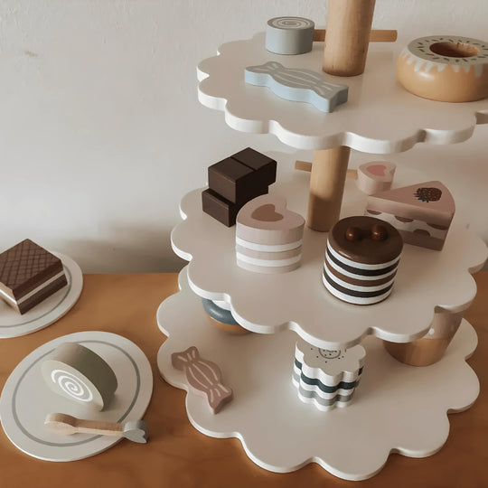 Wooden Montessori cake tower toy for kids in Beirut Lebanon, pastel stacking educational toy for learning and play