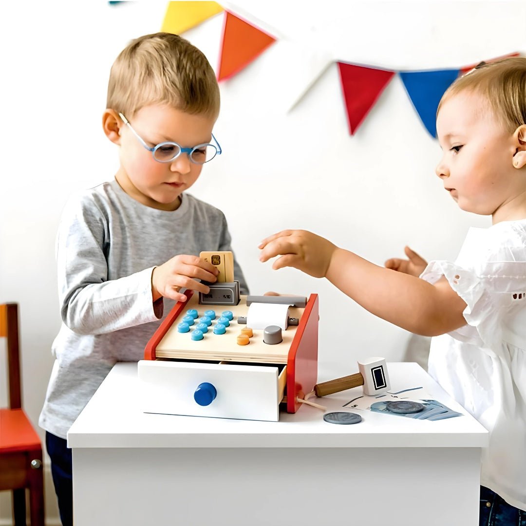 Wooden cash register toy for kids age 3+ with scanner, coins, card & drawer – Montessori-style pretend play set in Beirut Lebanon
