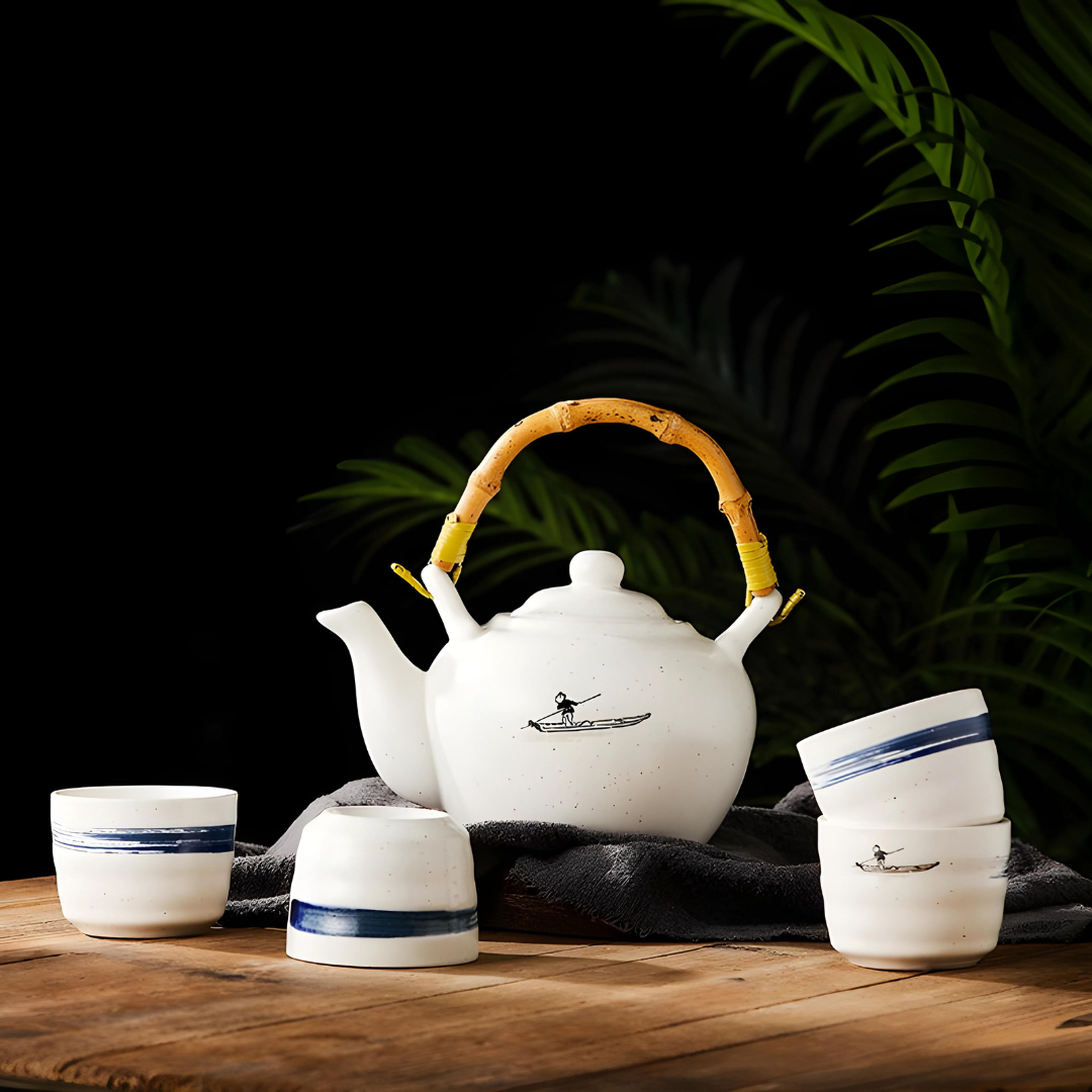 Ceramic Tea Pot Set 800ML White & Blue