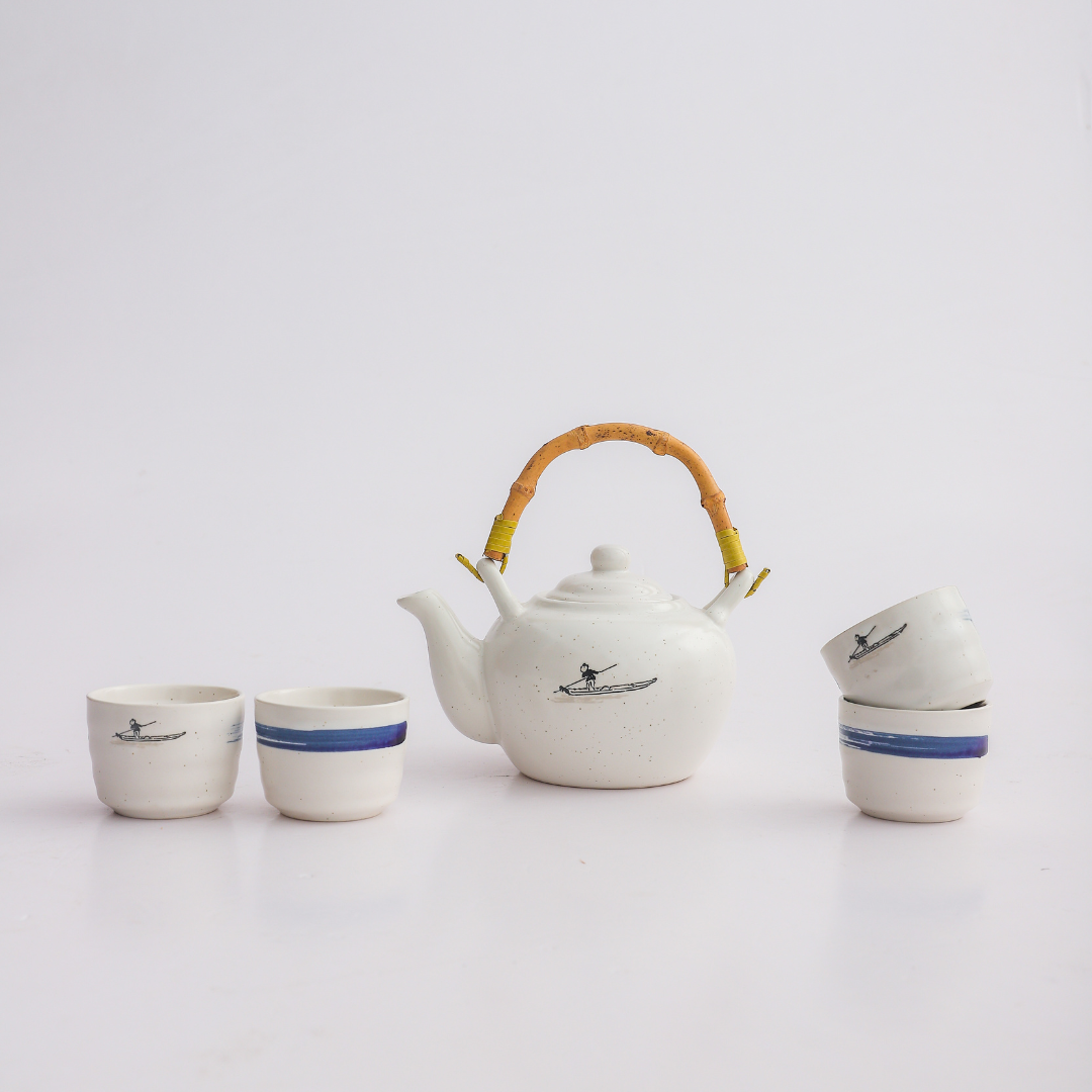 Ceramic Tea Pot Set 800ML White & Blue