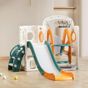 Indoor kids playset with slide, swing, and climbing ladder in a modern home playroom setting