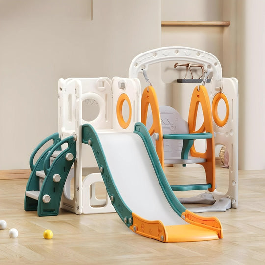 Indoor kids playset with slide, swing, and climbing ladder in a modern home playroom setting