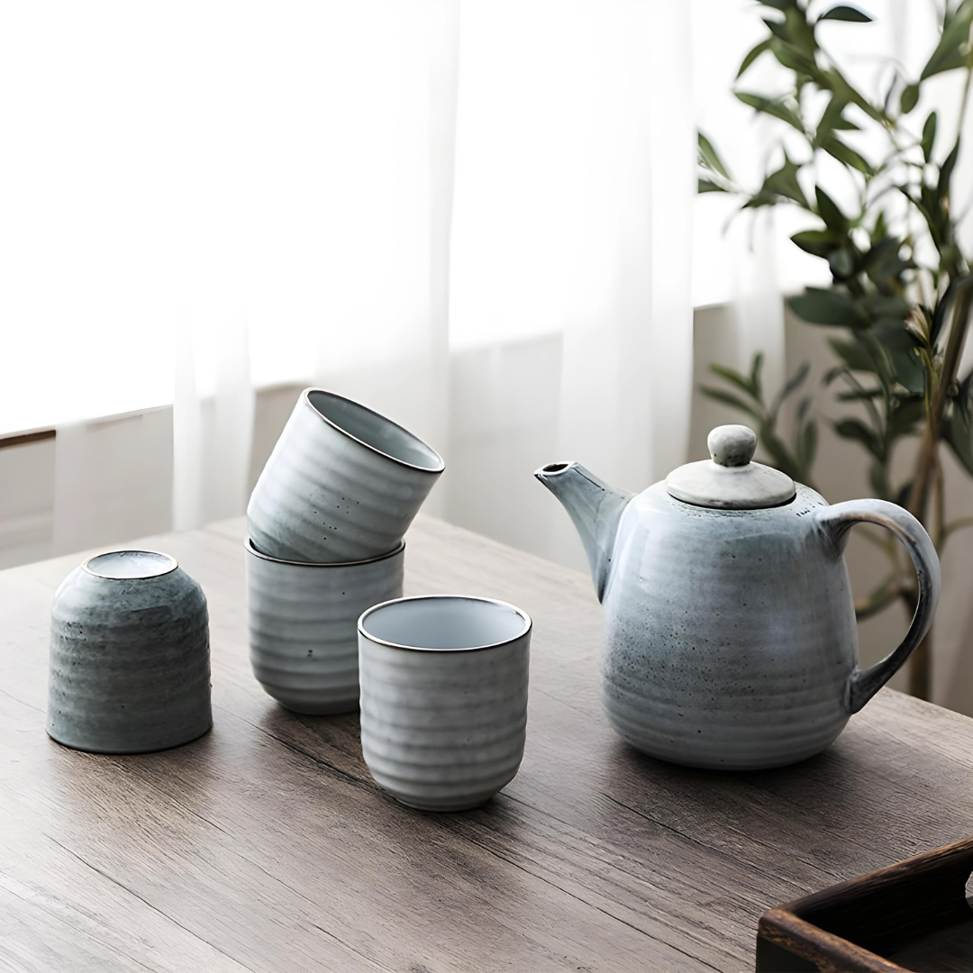 Vintage Gray Reactive Glaze Ceramic Tea Set - 750ml Teapot with 4 Matching Cups