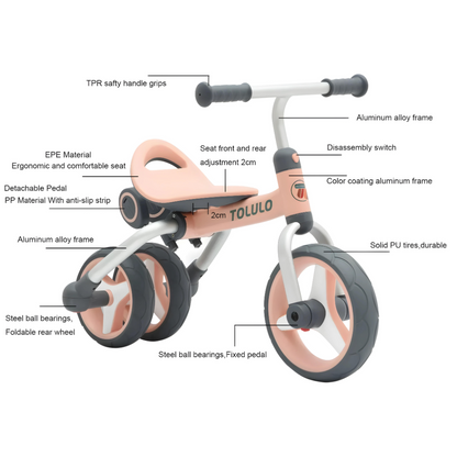 Multi-Functional 3-in-1 Kids Tricycle, Balance Bike, and Bike