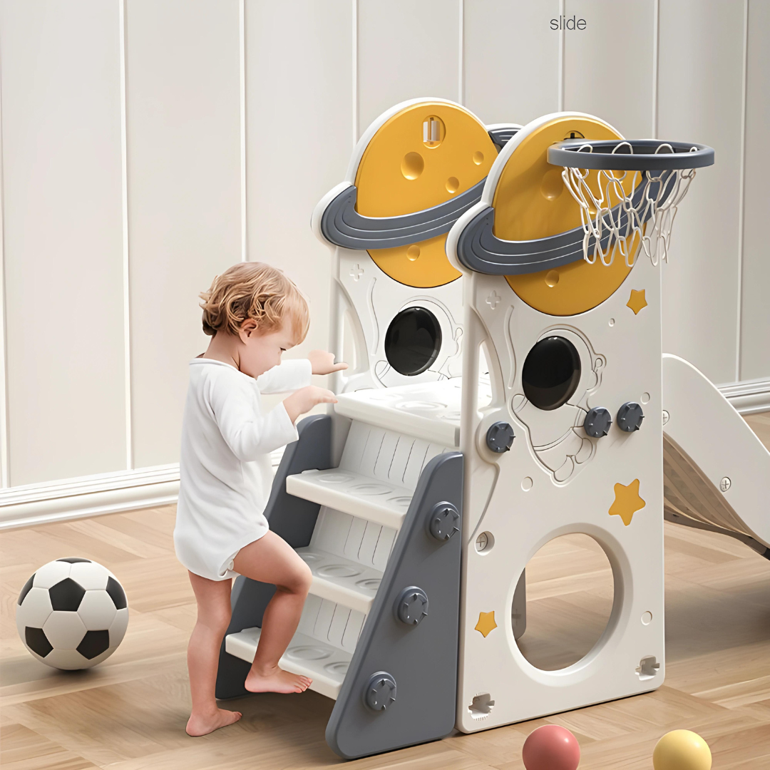 Space-themed 3-in-1 Kids Swing and Slide Set: Basketball Hoop, Adjustable Seat Height for Toddler Playground Fun, Indoor and Outdoor Activity Center