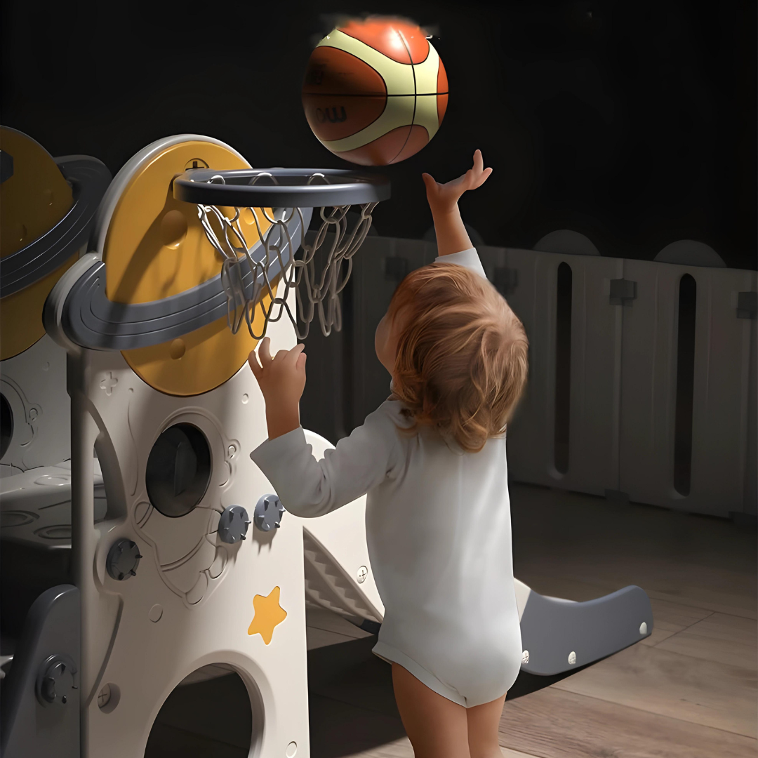 Space-themed 3-in-1 Kids Swing and Slide Set: Basketball Hoop, Adjustable Seat Height for Toddler Playground Fun, Indoor and Outdoor Activity Center