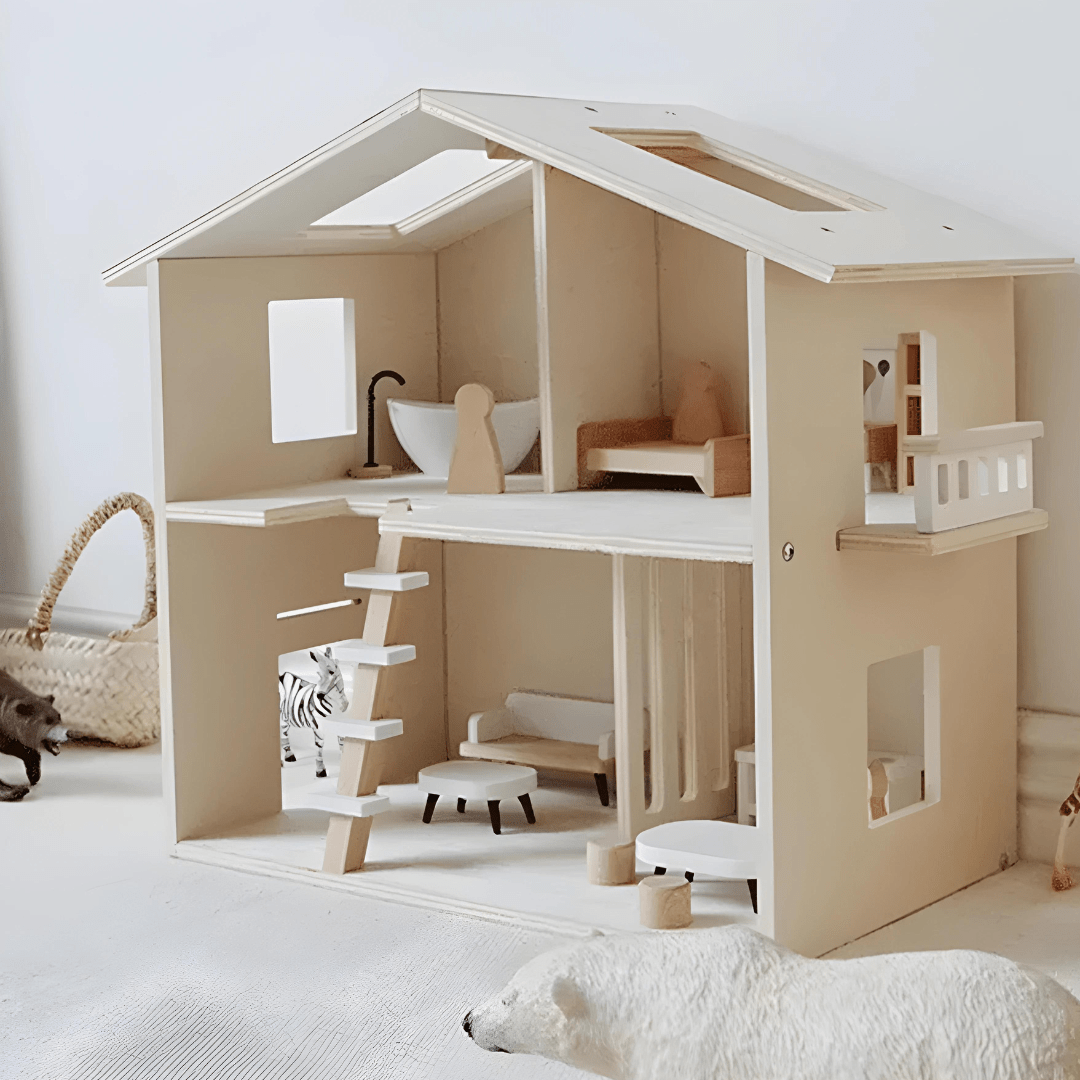 Premium wooden dollhouse with furniture set – natural wood finish