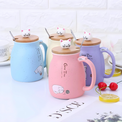 Cute Ceramic Cat Mug With Lovely Kitty lid Stainless Steel Spoon 420ml