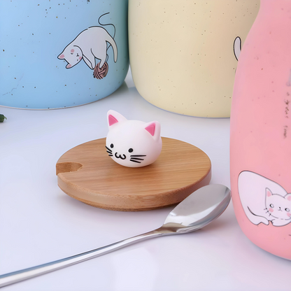 Cute Ceramic Cat Mug With Lovely Kitty lid Stainless Steel Spoon 420ml