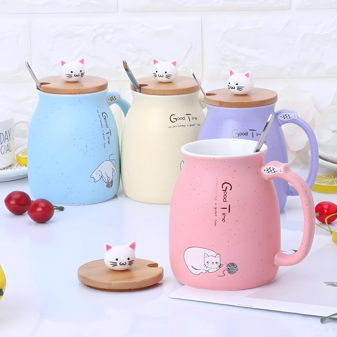 Cute Ceramic Cat Mug With Lovely Kitty lid Stainless Steel Spoon 420ml