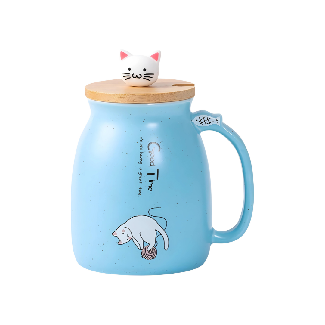 Cute Ceramic Cat Mug With Lovely Kitty lid Stainless Steel Spoon 420ml