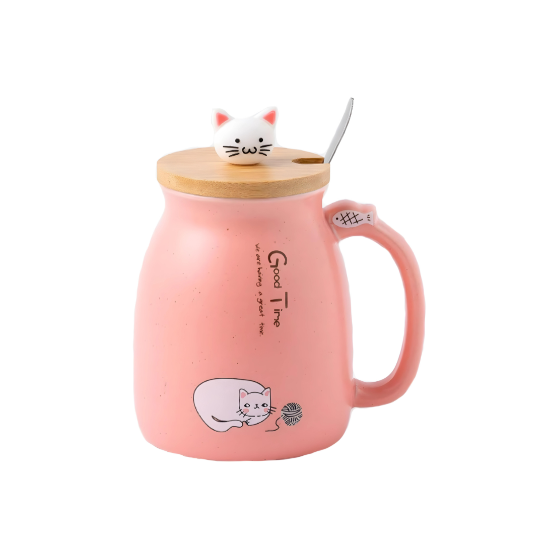 Cute Ceramic Cat Mug With Lovely Kitty lid Stainless Steel Spoon 420ml