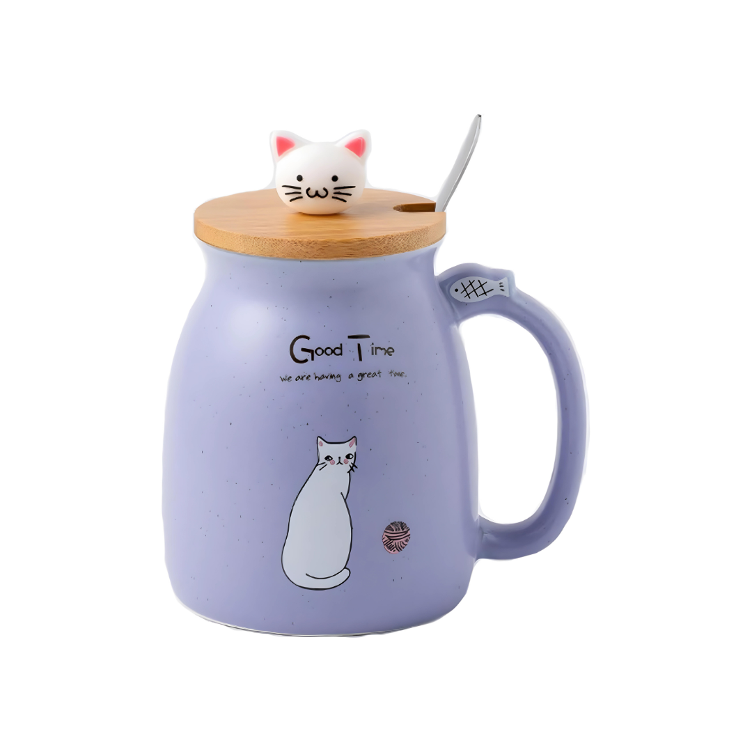 Cute Ceramic Cat Mug With Lovely Kitty lid Stainless Steel Spoon 420ml