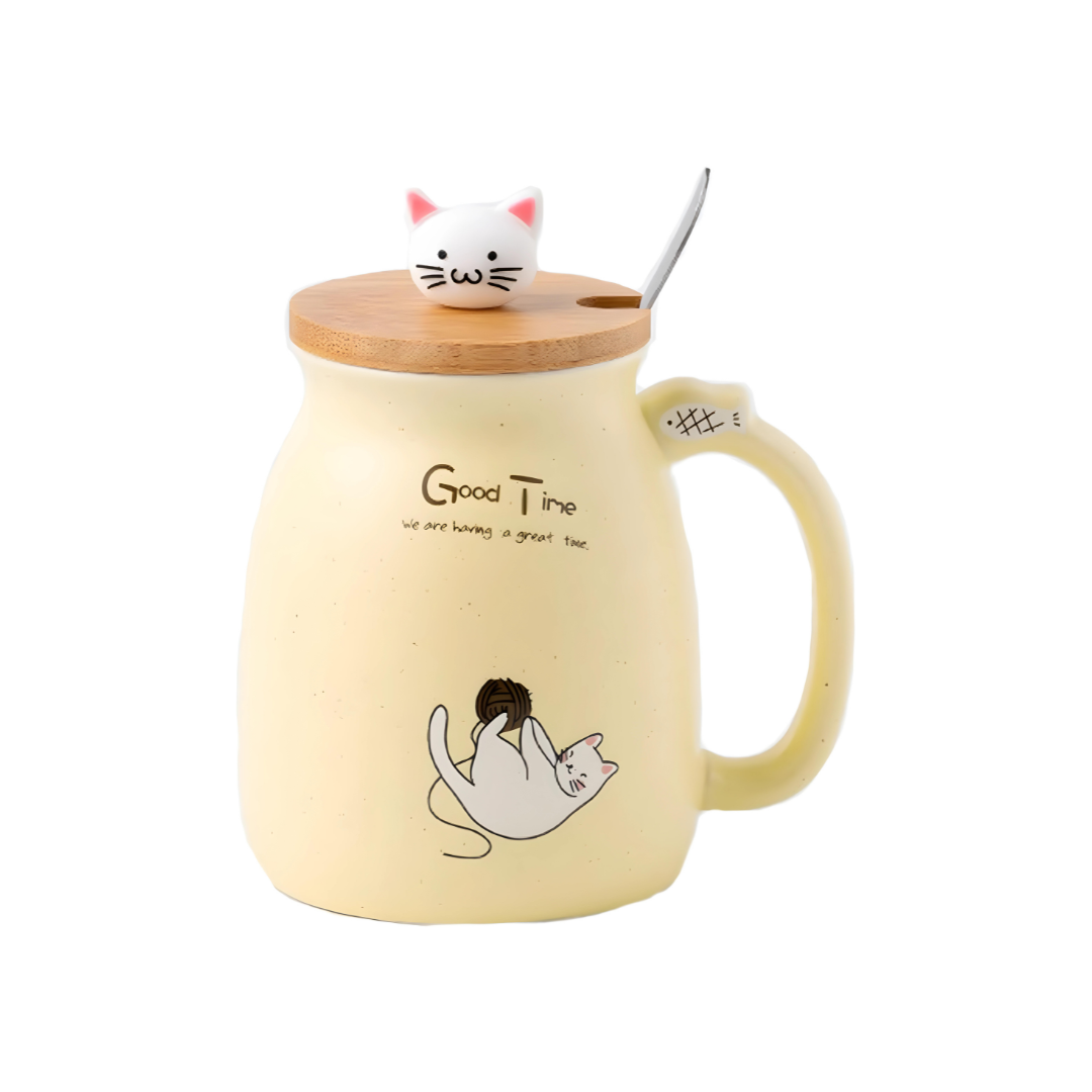 Cute Ceramic Cat Mug With Lovely Kitty lid Stainless Steel Spoon 420ml