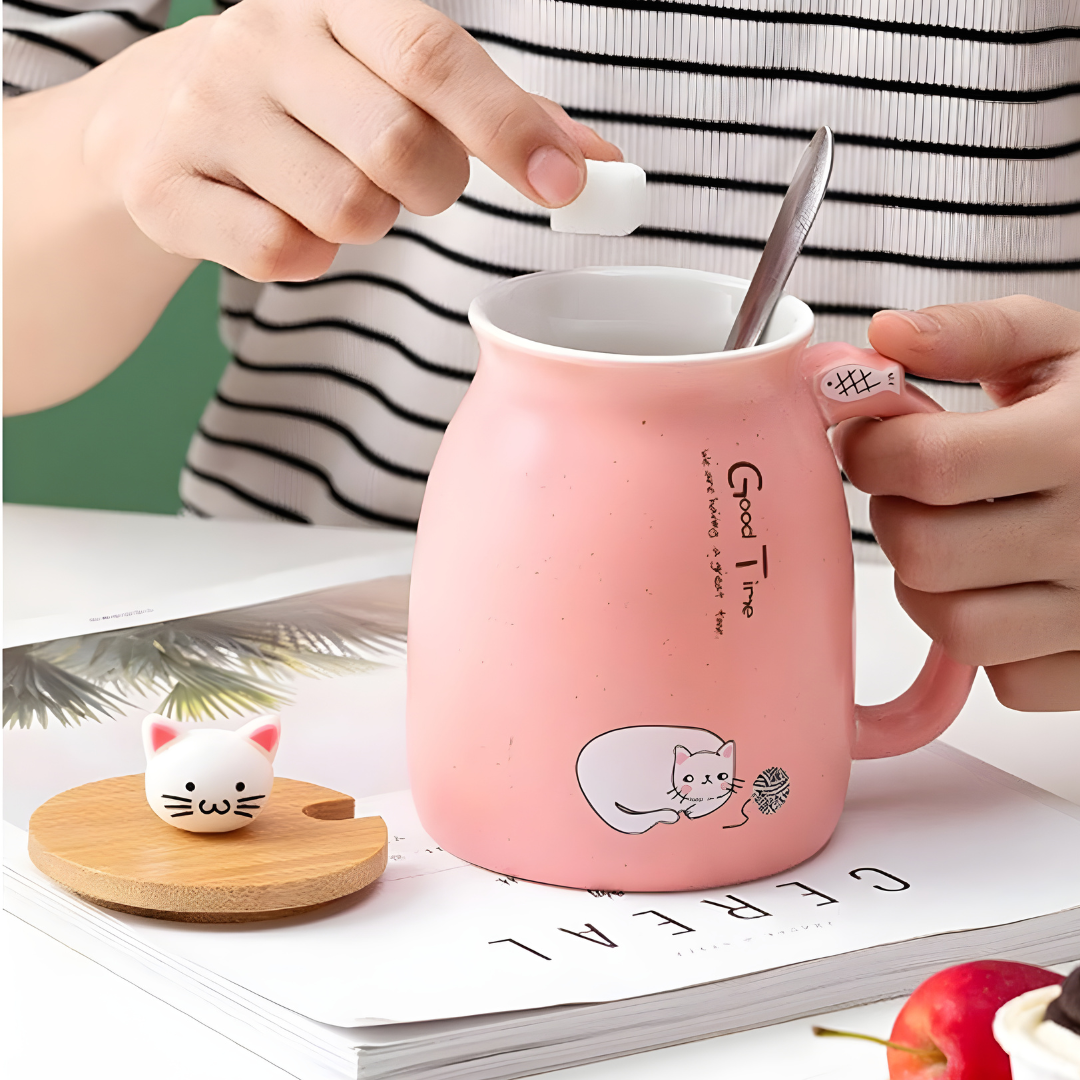 Cute Ceramic Cat Mug With Lovely Kitty lid Stainless Steel Spoon 420ml