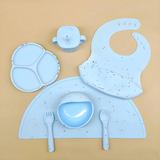 Babyblauwe premium siliconen voedingsset met stippen 6-in-1