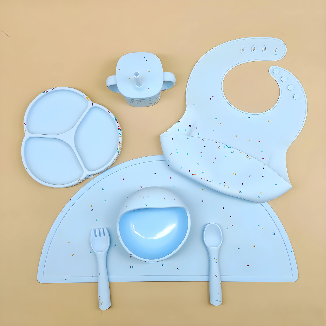 Baby Blue Premium Dotted Silicone Feeding Set 6-in-1