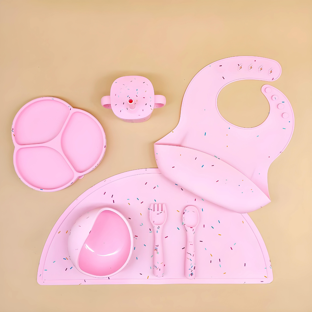 Dotted Blush Pink Super Premium Silicone Feeding Set 6-in-1