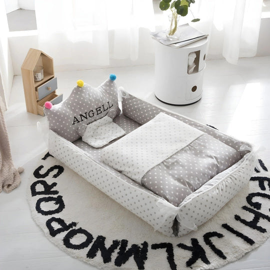 Portable Foldable Baby Crib Set 3-Piece – Pink Crown Design with Pillow & Quilt for 0–2 Years, Washable & Soft – Beirut Lebanon