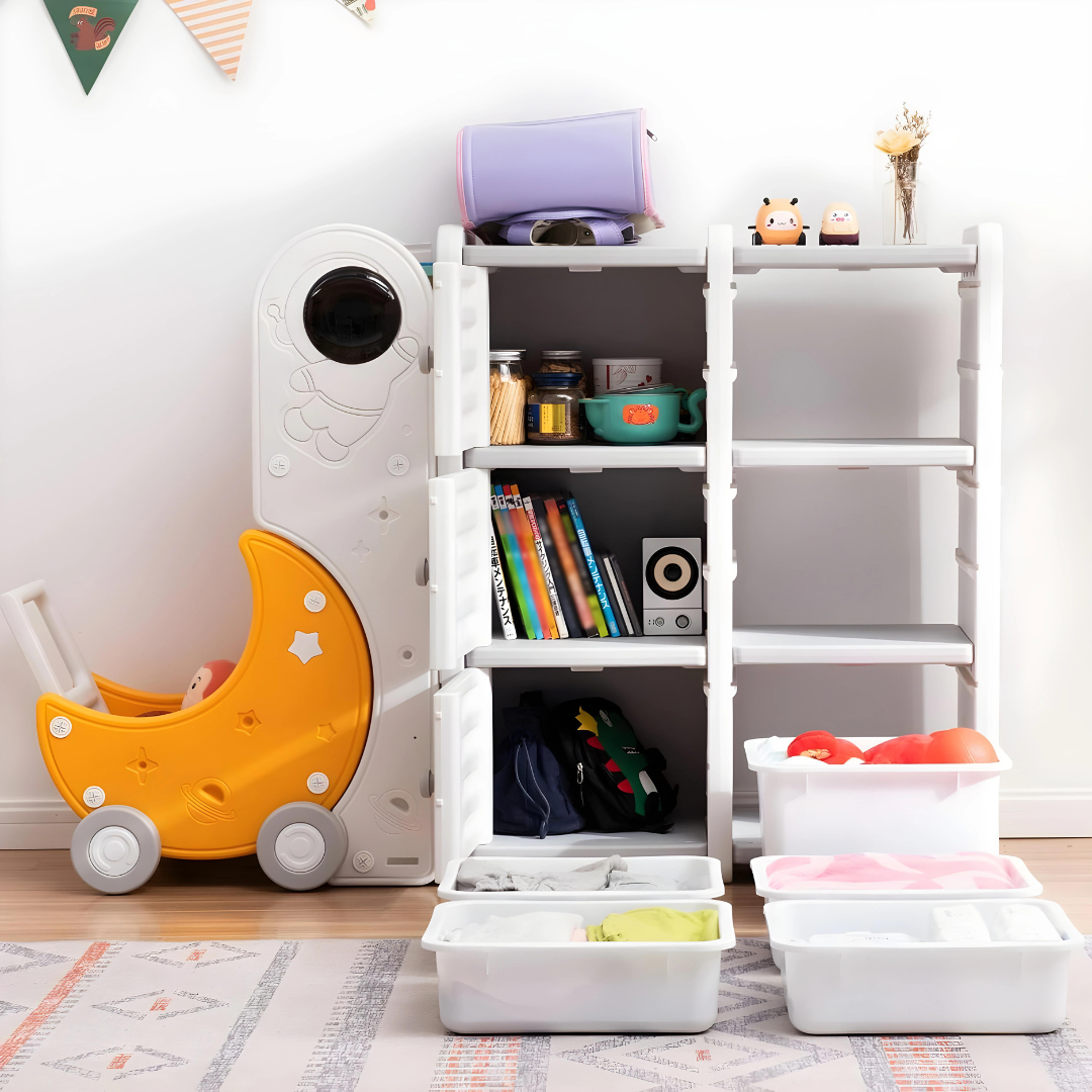 Premium HDPE Toy Storage Cabinet With Moon Cart - 140×32×93 cm