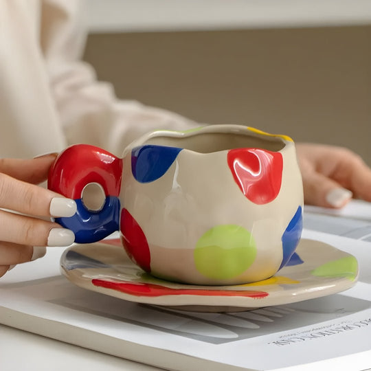 Vintage handbeschilderde koffiekop met schotel 300 ml