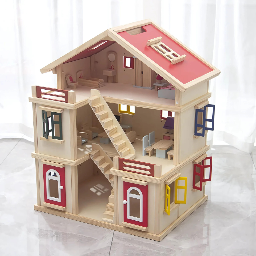 Large Wooden Dollhouse with Furniture: Creative Play