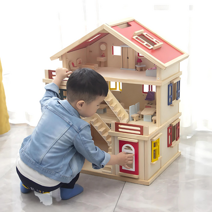 Large Wooden Dollhouse with Furniture: Creative Play