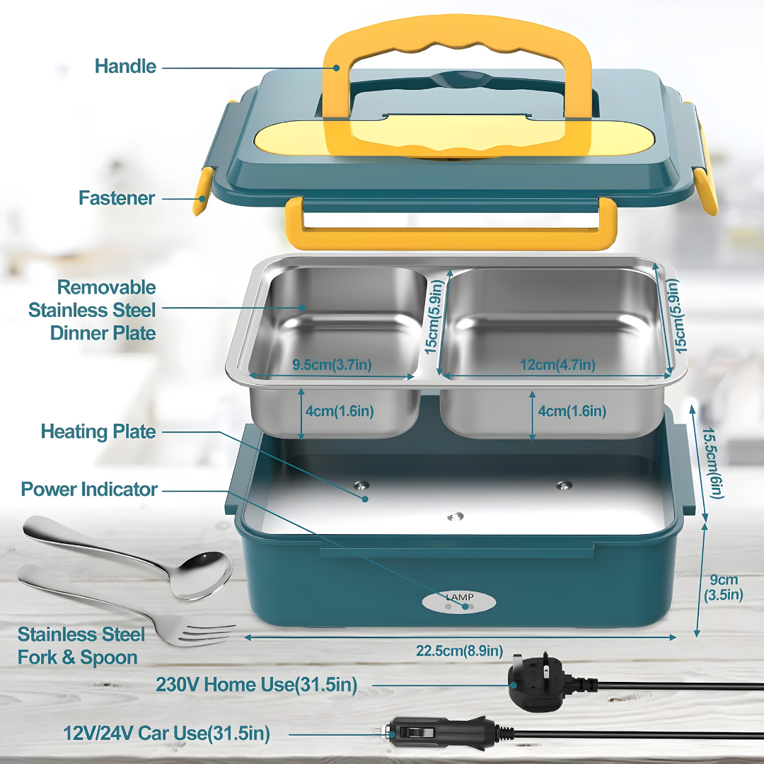 Amazon Basic Electric Lunch Box for Adults, 1.1L Removable 304 Stainless Steel Container, Fork & Spoon