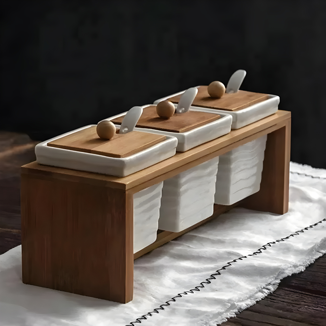 Ceramic Spice Box Set with Bamboo Stand and 3 Spoons