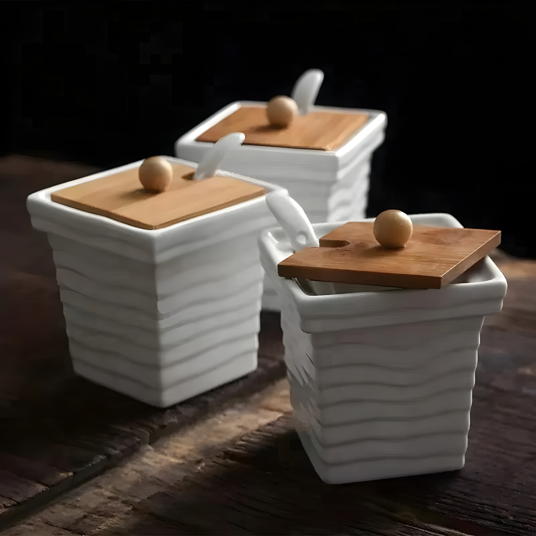 Ceramic Spice Box Set with Bamboo Stand and 3 Spoons