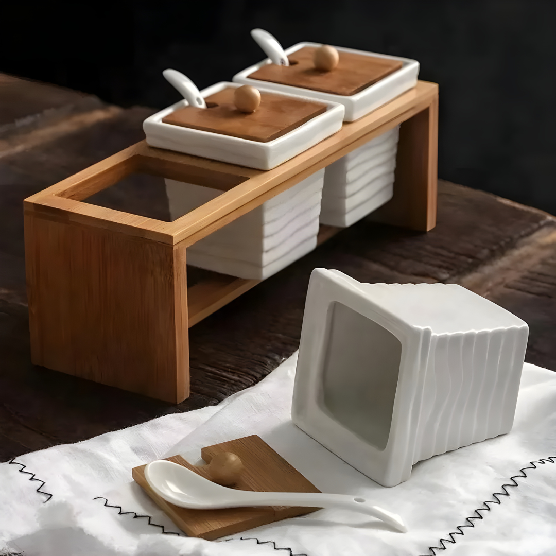 Ceramic Spice Box Set with Bamboo Stand and 3 Spoons