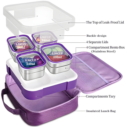 Bento Lunch Box with Insulated Bag 4 Compartment Stainless Steel