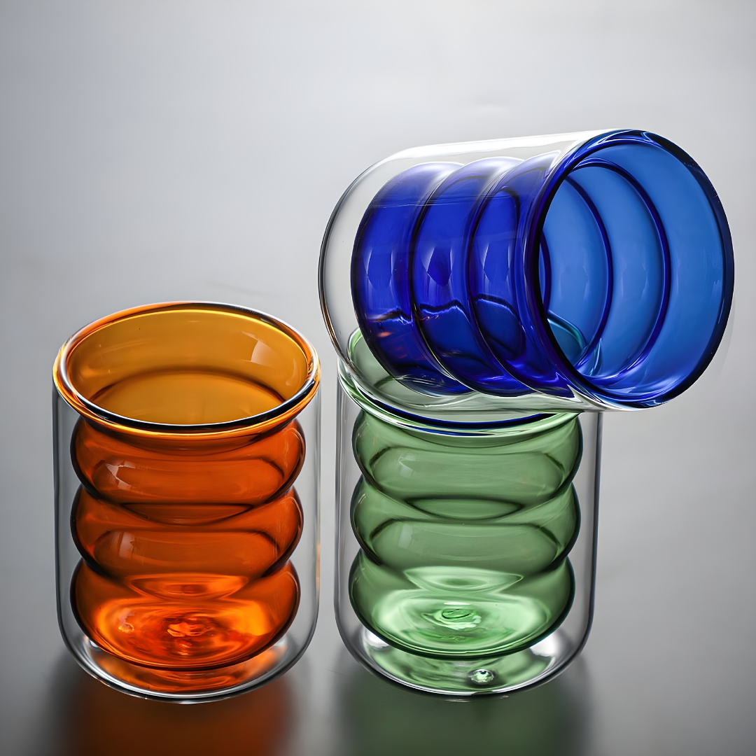 Stylish Double Wall Ripple Glass Cups, 300ml