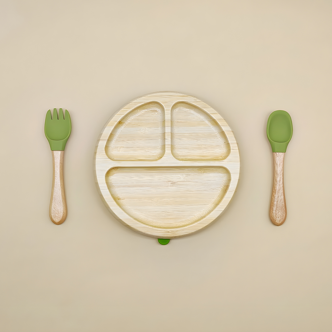 Bamboo Suction Plate With Fork And Spoon