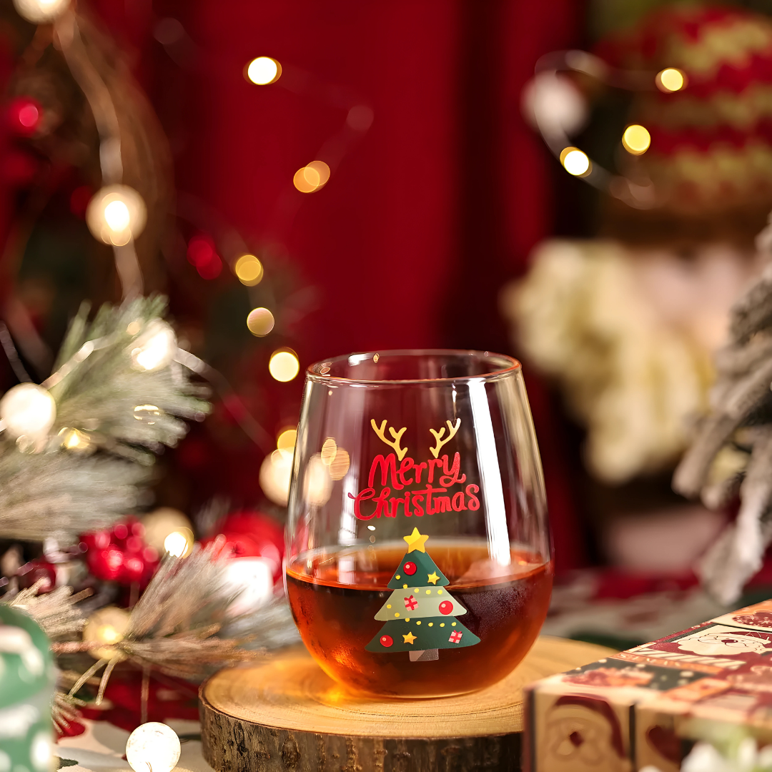 Printed Christmas-Themed Stemless Glass Cup 420ml