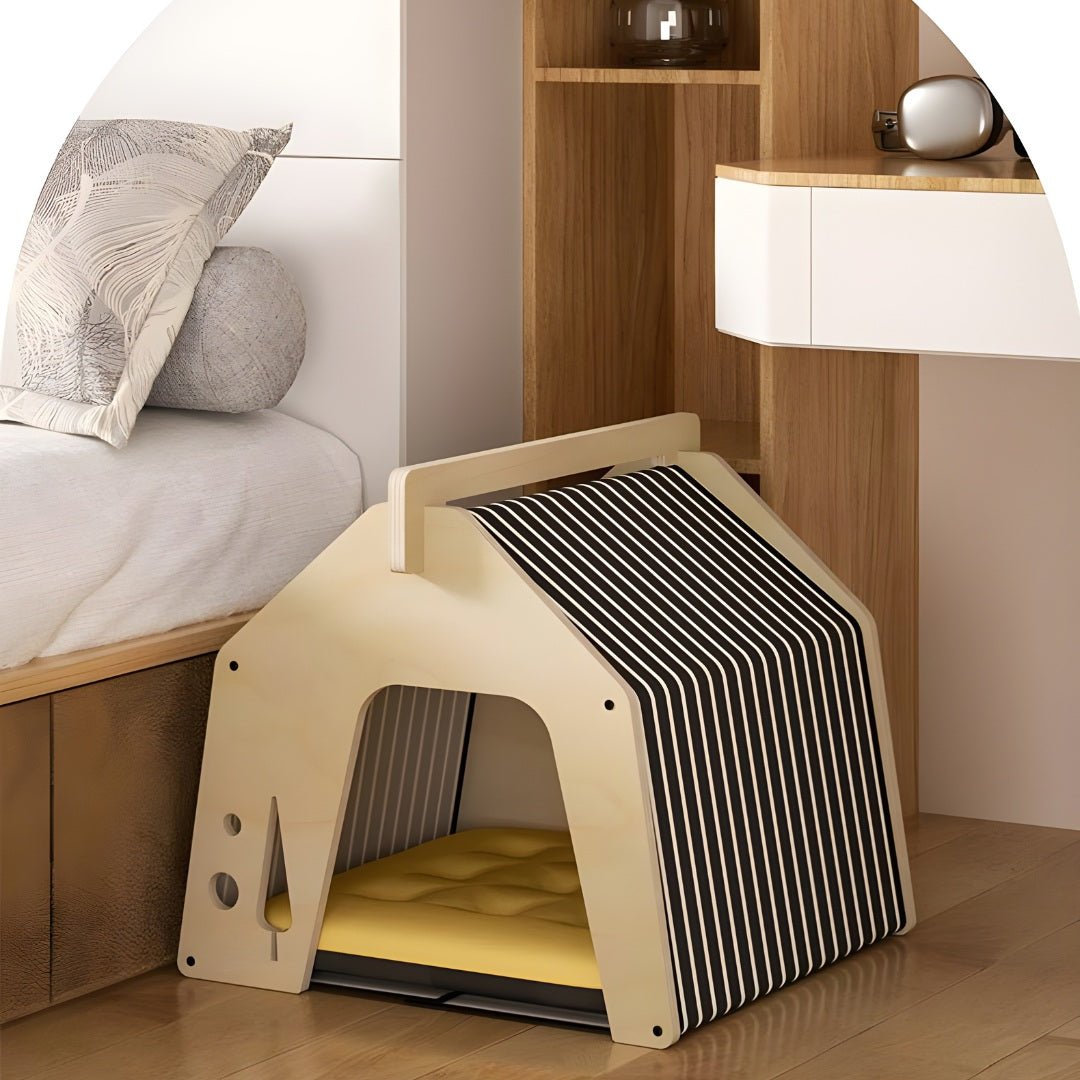Modern wooden pet house with cushioned bedding, designed by European House Hold for cozy indoor comfort and stylish pet living