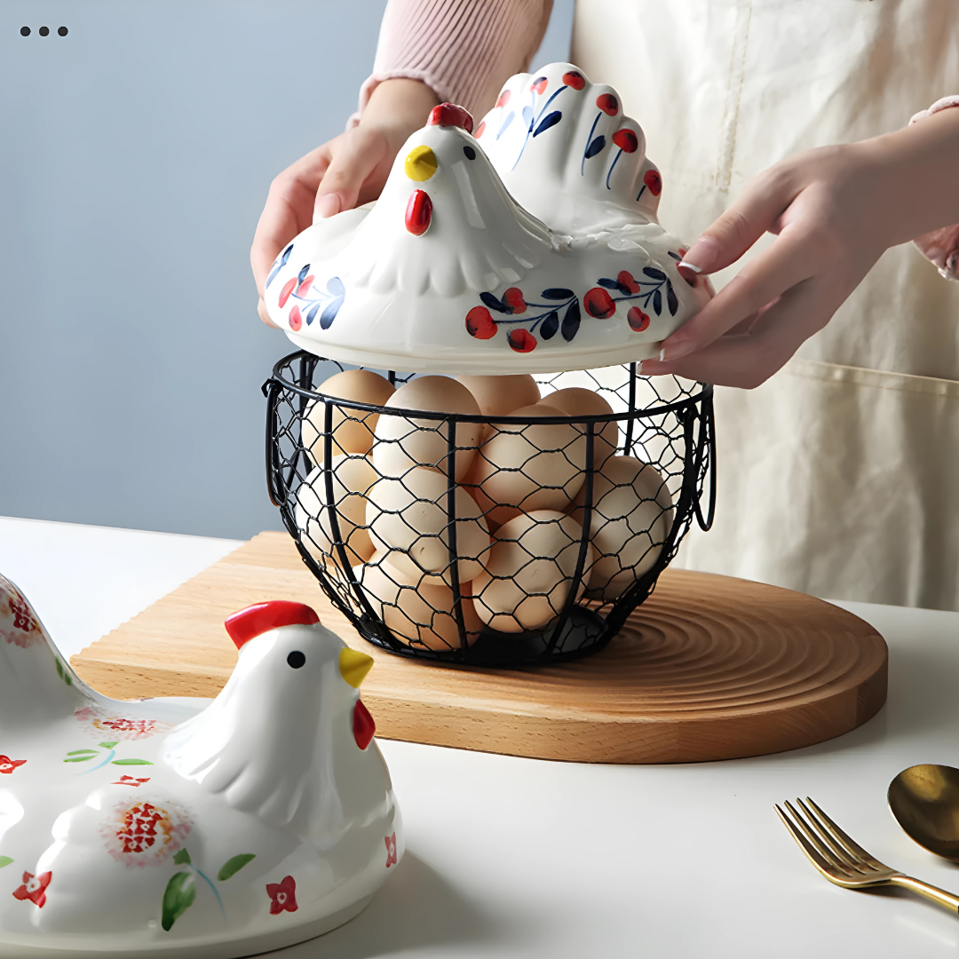 Hand-Painted Ceramic Egg Storage Basket