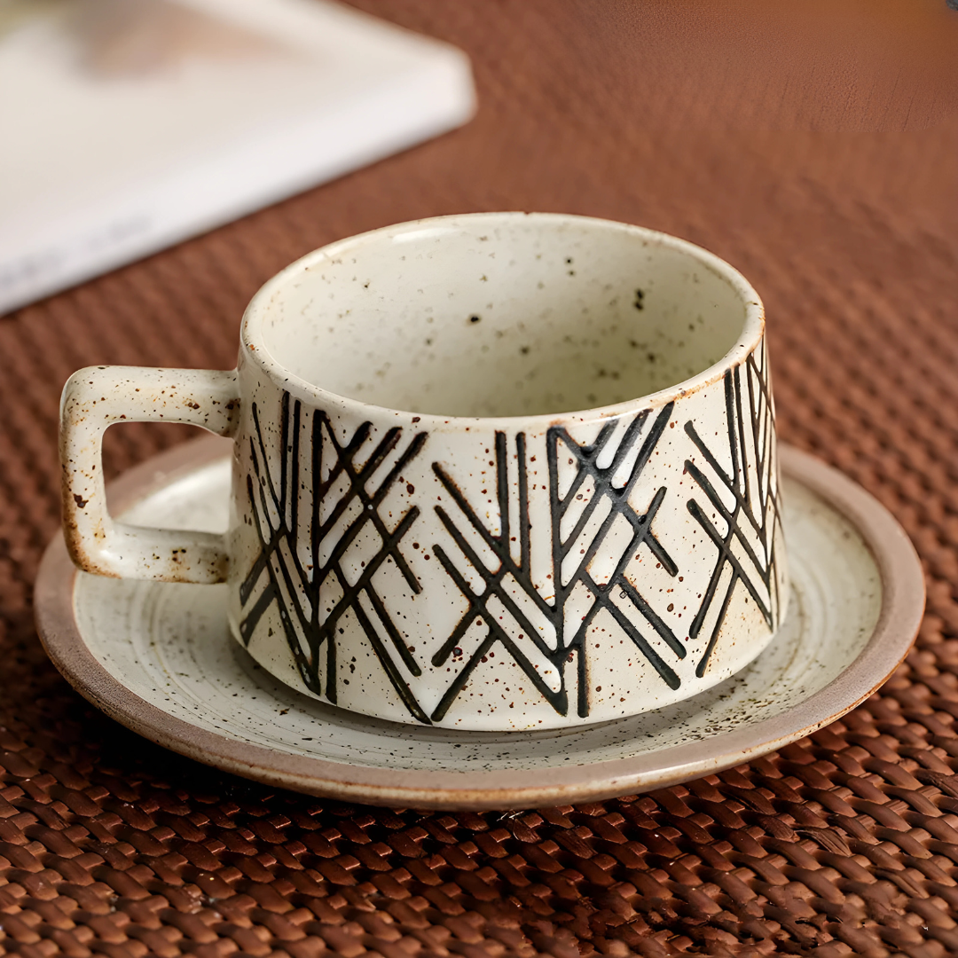 Elegant 250ml Retro Stoneware Cup and Saucer