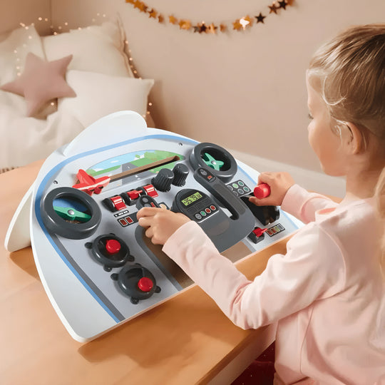 Wooden airplane cockpit toy for kids aged 3+ with moving controls and switches