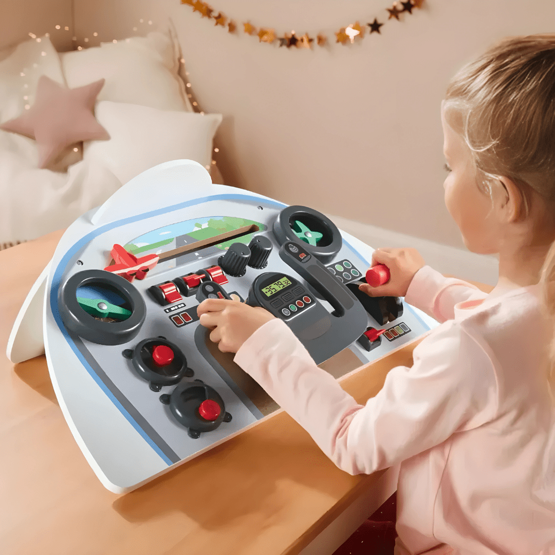 Wooden airplane cockpit toy for kids aged 3+ with moving controls and switches