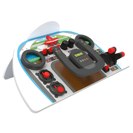 Wooden airplane cockpit toy for kids aged 3+ with moving controls and switches