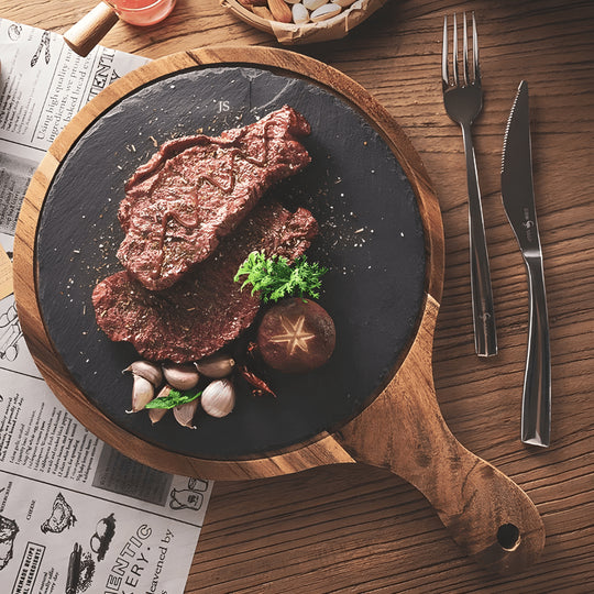 Wooden steak and pizza tray with slate plate and handle – available in Lebanon