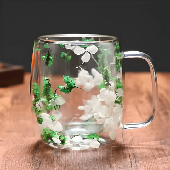 350ml double-walled glass mug with real dried flowers and wide handle