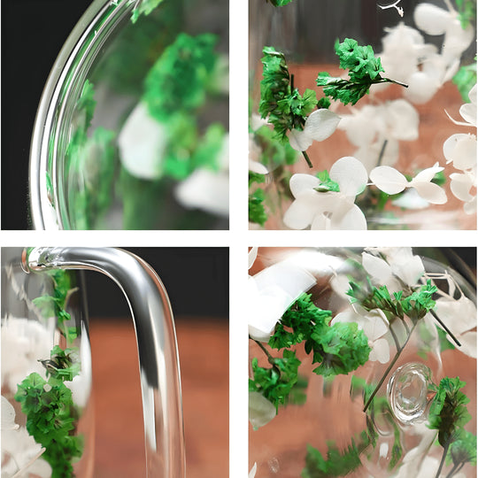 350ml double-walled glass mug with real dried flowers and wide handle