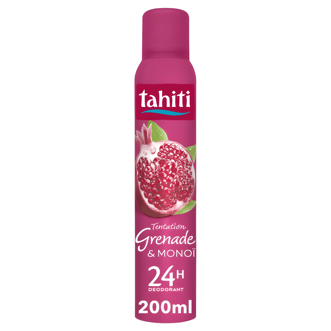 Tahiti Deodorant Spray 200ml – Pomegranate & Monoï scent, anti-white mark, 24H protection, tropical freshness, available in Beirut Lebanon

