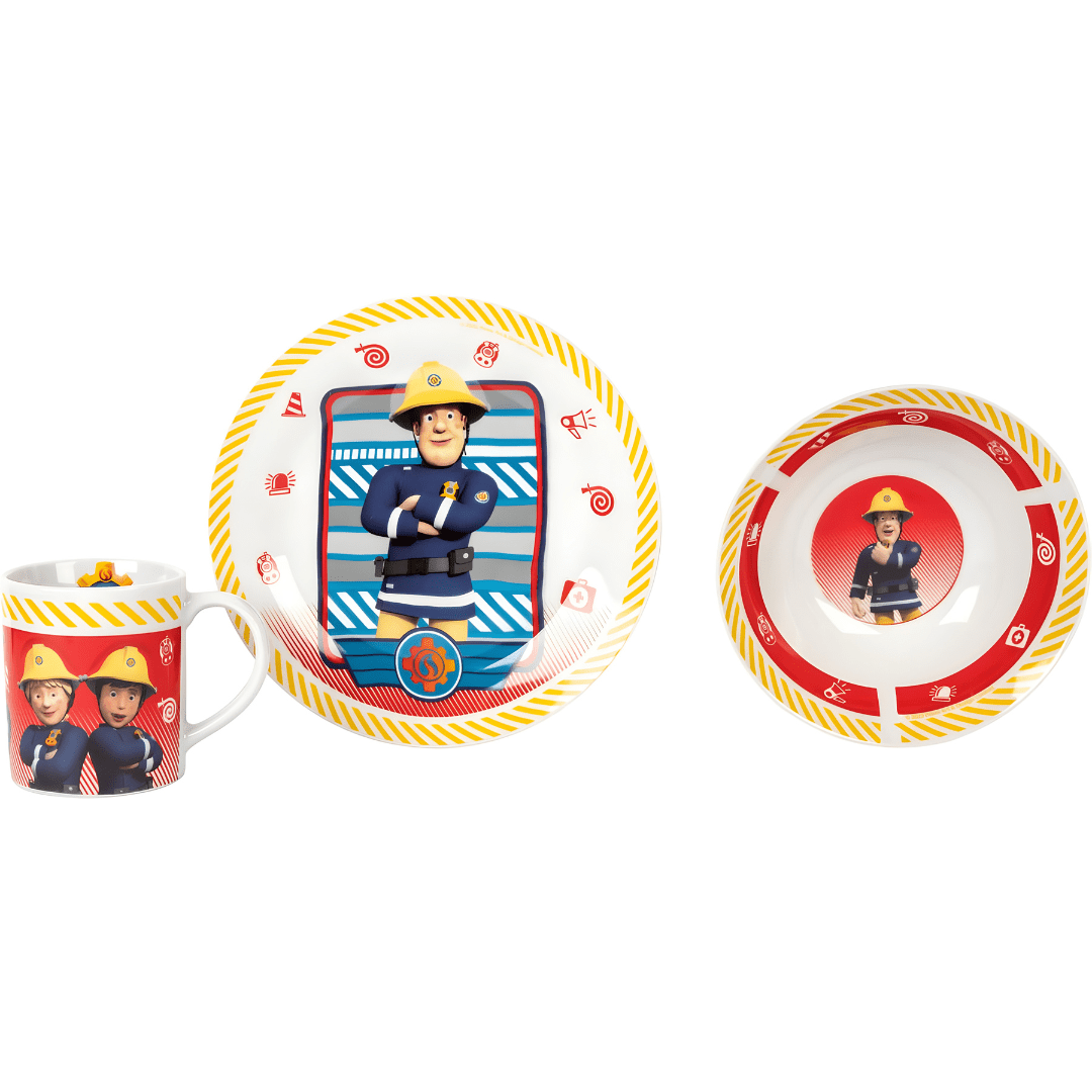 Fireman Sam kids 3-piece porcelain tableware set with plate, bowl and cup – available in Beirut Lebanon