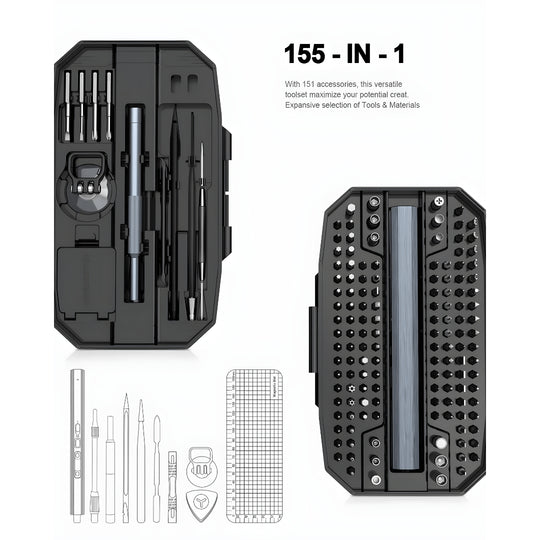 153-in-1 cordless electric magnetic screwdriver repair set with 140 bits, LED lights, USB-C charging – ideal for electronics and DIY projects