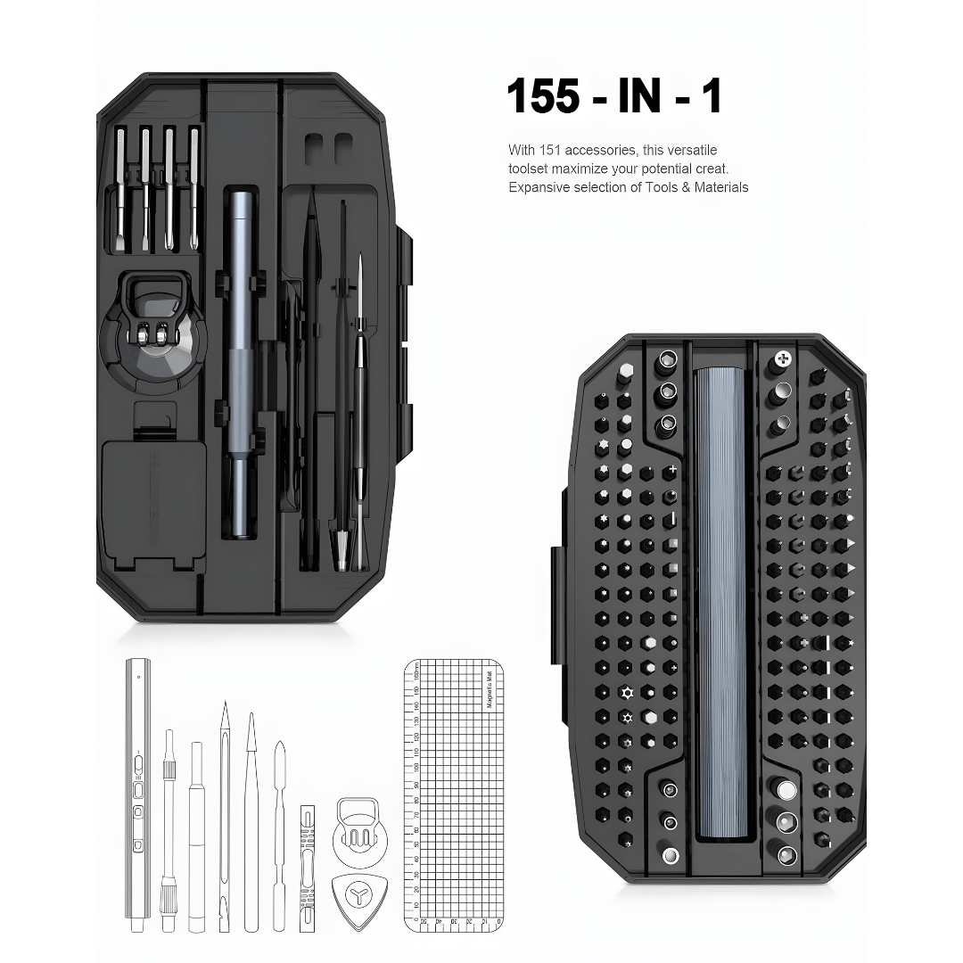 153-in-1 cordless electric magnetic screwdriver repair set with 140 bits, LED lights, USB-C charging – ideal for electronics and DIY projects