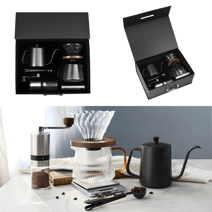 Premium pour-over coffee set with kettle, grinder, dripper, and accessories in gift box.